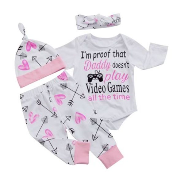 

4pcsinfant newborn baby girl clothes set long sleeve letter romper +arrow pants hat headband clothes outfits set, White