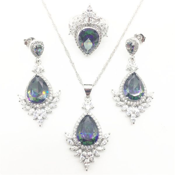 

925 stamp rainbow cubic zirconia white crystal jewelry sets for women silver color necklace/earrings/ring/pendant