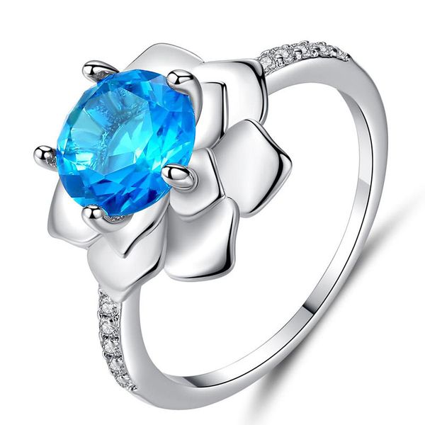 

romantic women flower silver rings for birthday jewelry blue cz stone cute knuckle ring bague size 6 7 8 9 10 prevent allergies