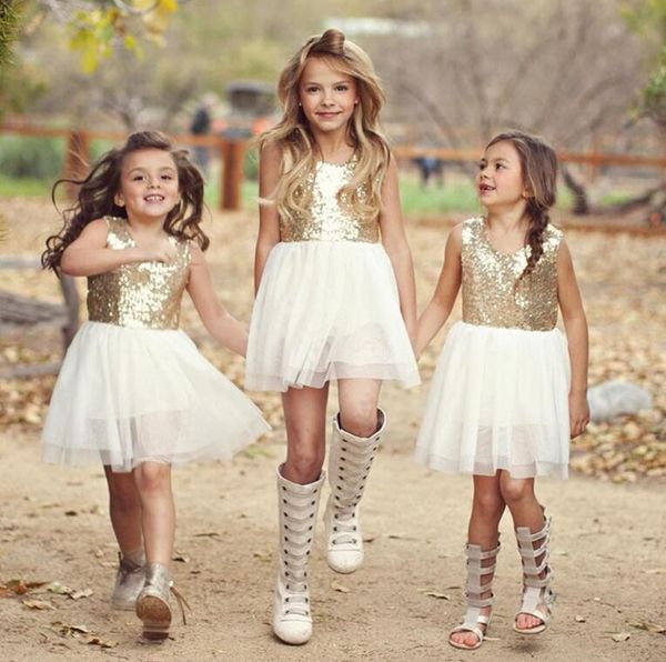 Sommer Mädchen Kleid Pailletten Goldene rückenfreie Schleife Kleid Baby Kinder Kleidung Prinzessin Brautkleider Kinder Kleid