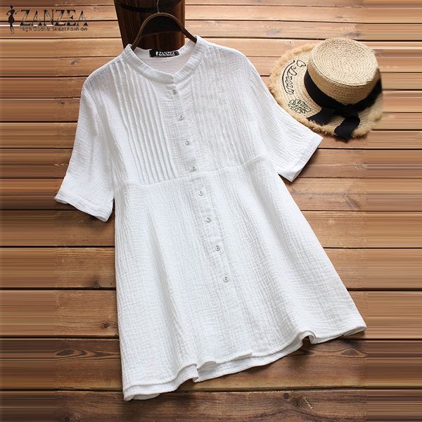 

2018 zanzea women short sleeve solid blouse summer buttons down elegant ladies work shirt casual cotton linen blusas femme, White