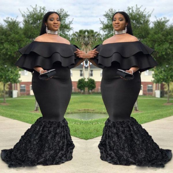 

plus size mermaid prom dresses black off the shoulder two layers evening gowns ruched sweep train african women formal party dress