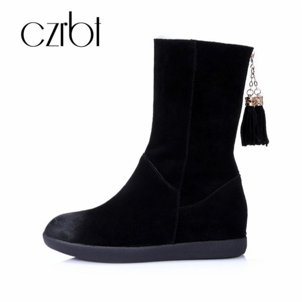 

czrbt 2018 new leather real wool snow boots tassel metal trim middle tube warm women shoes non-slip fashion women boots, Black