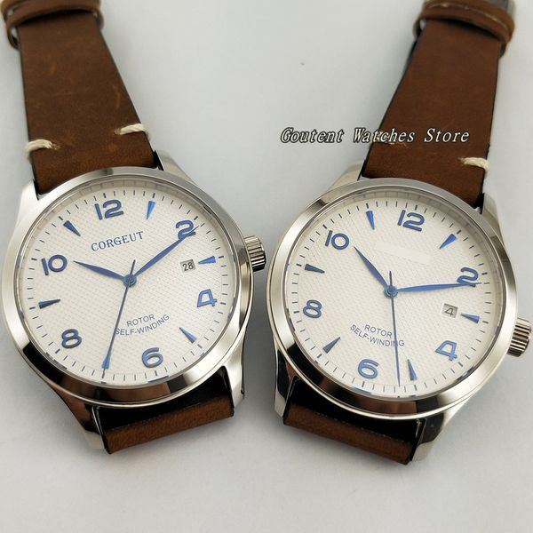 

42mm corgeut ss. case date white dial sapphire glass 21 jewels miyota automatic men's watch, Slivery;brown