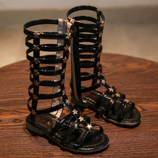 

16cm-21cm good quality kids fashion rome shoes rivets sandals girls high boots shoes cutout sandalszip gladiator toddler sandals, Black;red