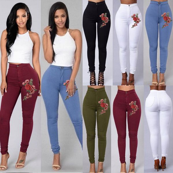 

women leggings skinny jeans leggings pants slim woman print rose high waist stretch jeans pencil trousers jc051, Blue