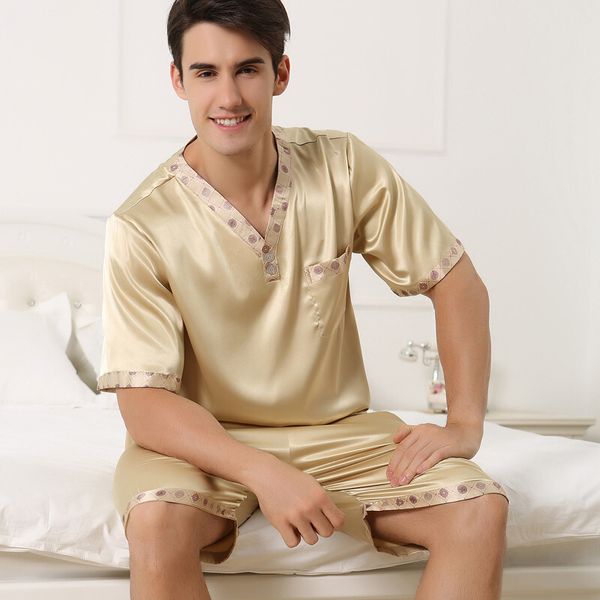 

demiesilk men's pajama sets two pieces sets imitation silk sleepwear with shorts pants short sleeve pajama 2509, Black;brown