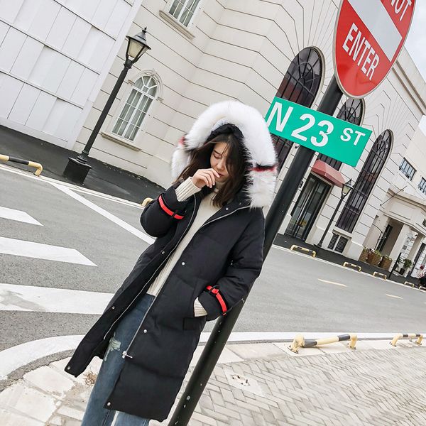 

plus-size women's long genuine fur collar down jacket 2018 winter wear thin new korean version of thick coat 90149, Black