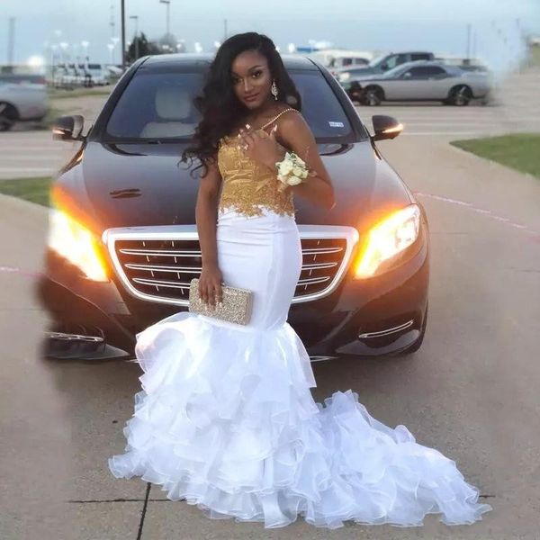 

mermaid prom dresses white ruffles and gold appliques spaghetti straps african dresses evening wear tiered party gowns, Black