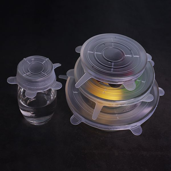 

50 set a lot clear transparent silicone stretch covers 6-pack various of sizes reusable silicone lids for bowl, can, jar and glassware