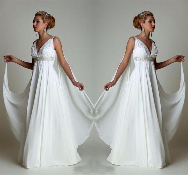 

simple chiffon empire waist beach wedding dresses greek modern v neck plus size bridal gown vestido weddingÂ gowns, White