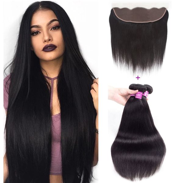 Brazilian Straight Virgin Hair Weaves 3 Bundles With Lace Frontal