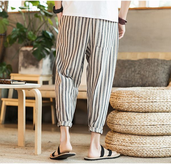 

drawsting cotton linen pants mens jogger ankle-length pants 2018 male summer casual striped trousers striped for men plus size 5xl for men, Black