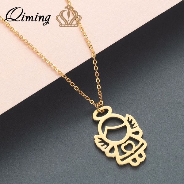 

qiming statement baby girls women's necklace stainless steel jewelry little angle guardian dainty minimalist silver necklaces