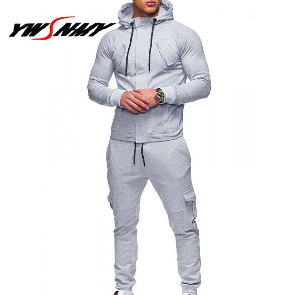 

new hoodies sets men 2018 hoody mens tracksuits sets long sleeve two pieces set fitness casual solid color hoodies male sporting, Gray
