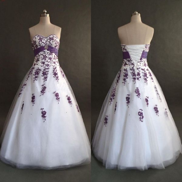 

white and purple wedding dresses from china sweetheart necline exquisite machine embroidery a-line corset bridal gowns