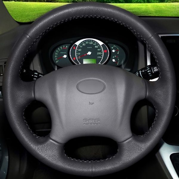 

black leather hand-stitched car steering wheel cover for hyundai tucson 2006-2014