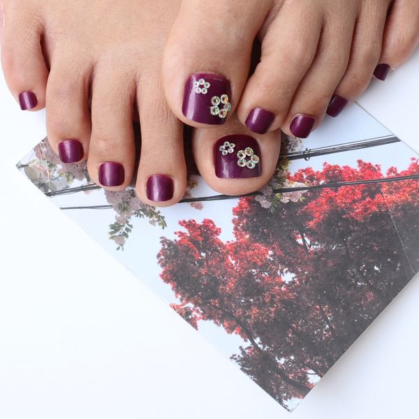 

24pce / set of new acrylic fake nails grape purple short toe nail candy color diy rhinestone full nail tips pure color, Red;gold