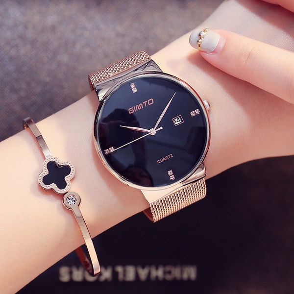 

GIMTO Fashion Ladies Watches Rose Gold Women Watches Elegant Minimalism Rhinestone Casual Black Female Waterproof Clock