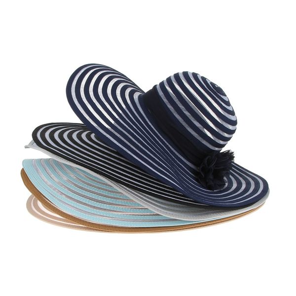 

striped wide brim beach hats elegant ladies floppy summer hat flower fashion sun hat for women summer caps, Blue;gray
