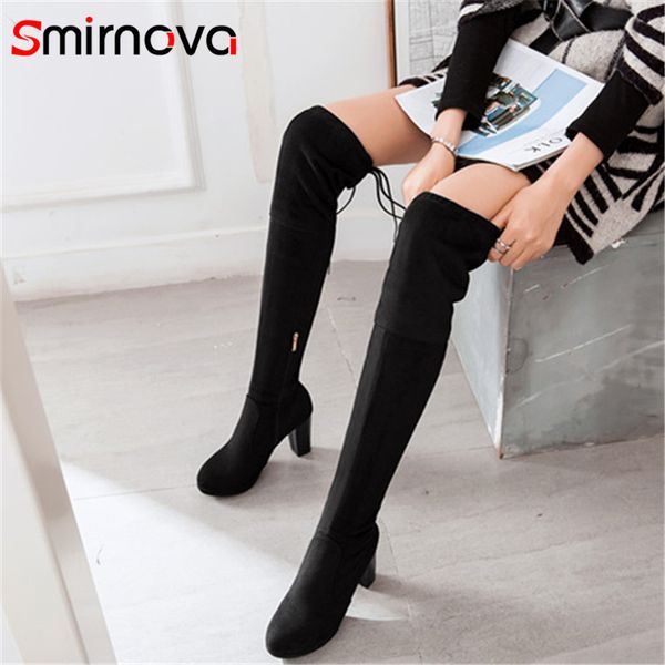 

smirnova new 2018 classic over the knee boots black winter flock long boots woman super high heels thigh high ladies