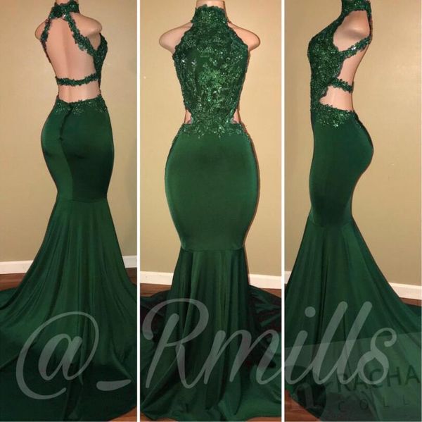 

new emerald green mermaid prom dresses 2020 high neck sleeveless lace appliqued backless evening party gowns nigerian african ba7697