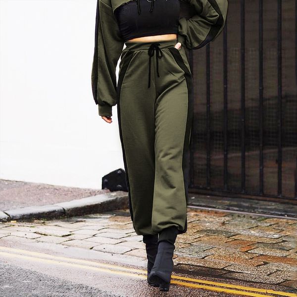 

2018 women autumn trousers casual solid amygreen color panelled leisure high waist loose long pants hp2104, Black;white