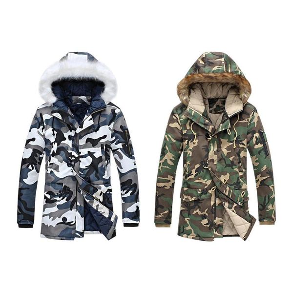 

men winter thicken coats warm camo print parkas zipper hooded long jackets, Black