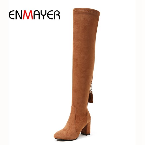 

enmayer new arrival women kid suede zip square heel over-the-knee boots lady fashion solid high heel boots size 34-39 zyl805, Black