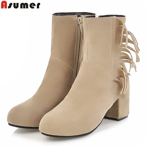 

asumer large size 34-47 fashion autumn winter boots round toe zip flock ladies shoes high heels fringe ankle boots women, Black