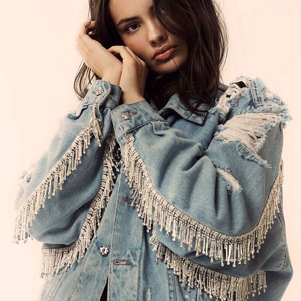 

women gems beadings tassel short basic denim jacket 2018 autumn winter long sleeve ripped hole oversize jeans coats outwear, Black;brown