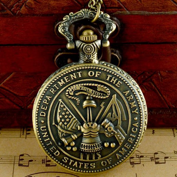 

classic vintage bronze us army quartz pocket watch with chain retro men women punk pendant necklace clock gift, Slivery;golden