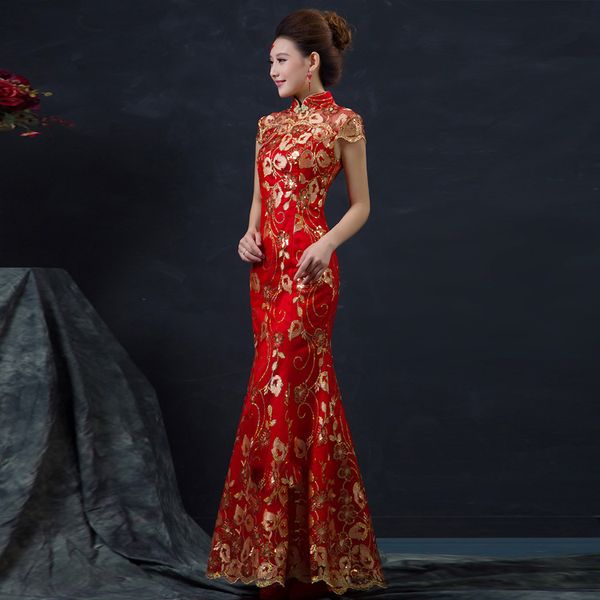 

красный китайский свадебное платье женский с длинным коротким рукавом cheongsam золото тонкий китайский традиционное платье женщины qipao дл, Red