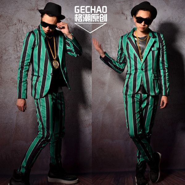 

m-6xl ////green and black big stripe british suit is a hairdressers star nightclub bar singer djds performance dress, White;black