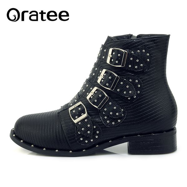 

new rivets ankle boots women autumn winter punk metal buckle studded leather black snake skin woman knight booties plus size