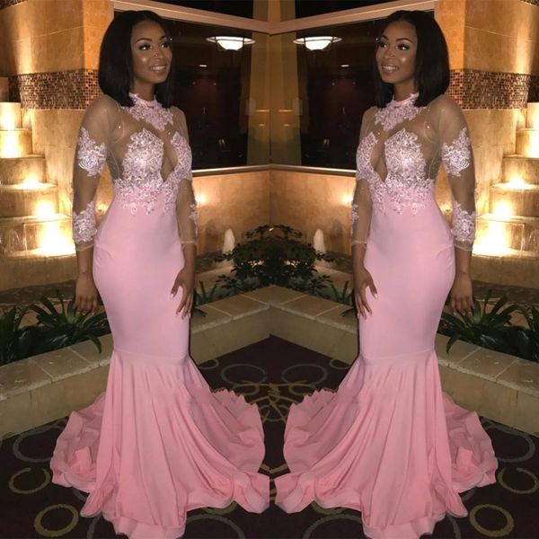 

2019 black girls sheer long sleeves mermaid prom dresses tulle lace applique floor length vestidos de festa party evening gowns bc0228