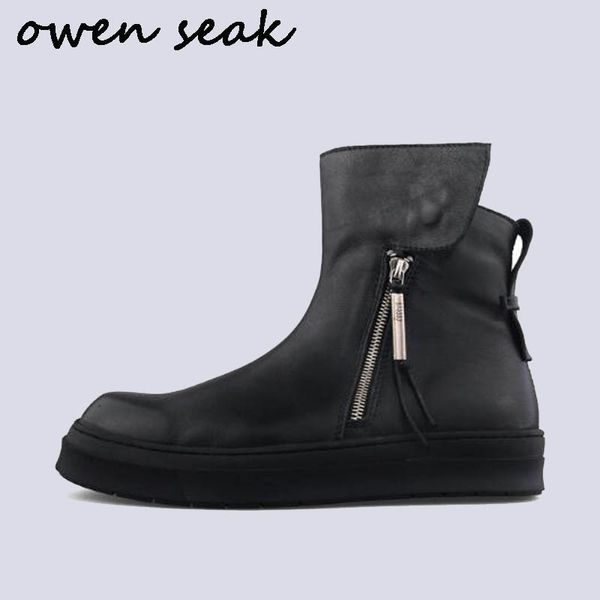 

owen seak men shoes high ankle basic luxury trainers genuine leather winter snow zip boots casual flat sneaker black white shoes