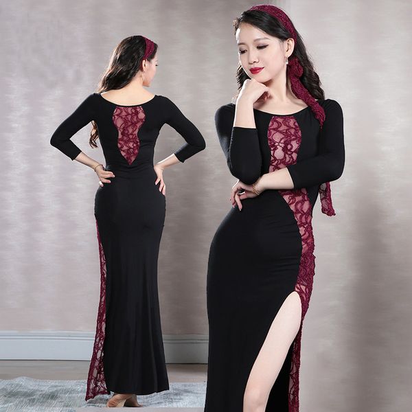 

bellydance lace cutout placketing long belly dance one-piece dress for women/female,gypsy costume performance wear t18293+t, Black;red