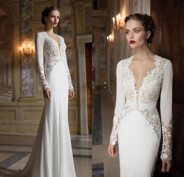 New Berta scollo a V in pizzo abiti da sposa manica lunga sirena sweep treno backless abiti da sposa su misura abito da sposa economici