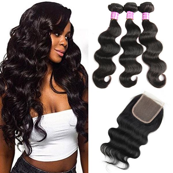 

brazilian hair body wave 3 bundles with lace closure 8a remy hair unprocessed malaysian peruvian hair extensions natural black by bemiss, Black;brown