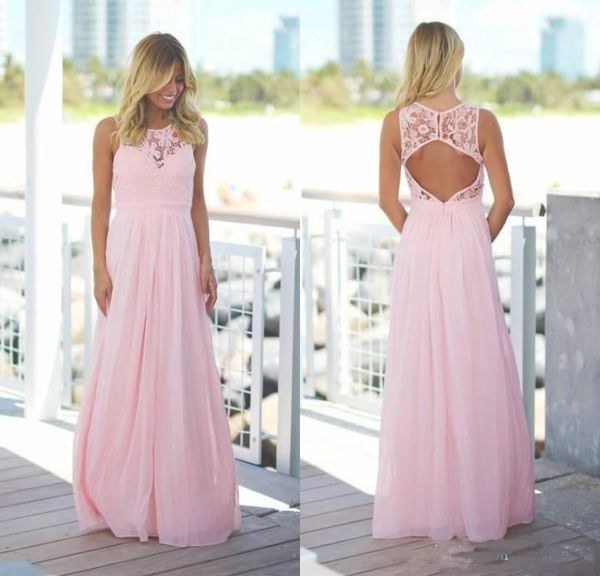 

Pink Country Style Bridesmaid Dresses 2018 Lace Chiffon Jewel Neck Open Back A-line Wedding Guest Dresses Long Reception Evening Gowns