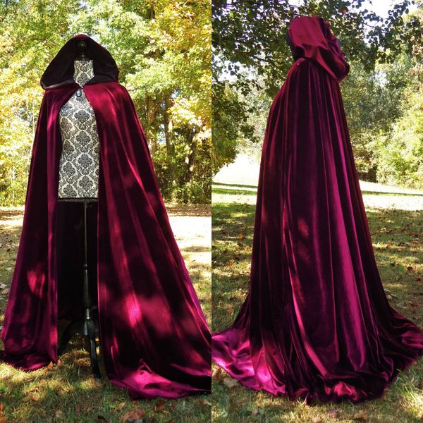 

wine black velvet hooded cloak cape long wedding halloween coat costume wicca robe223s, White