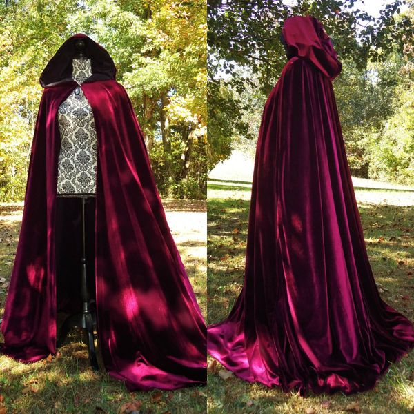 Vino Nero Velluto Con Cappuccio Mantello Mantello Adulto Lungo di Alta Qualità Matrimonio Halloween Cappotto Costume Wicca Robe