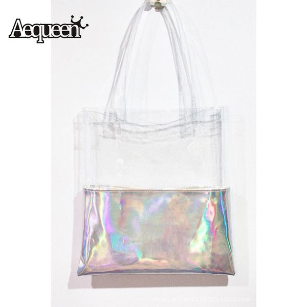 

aequeen clear laser bags women handbags transparent totes shopping bags lady shoulder holographic handle beach bag female