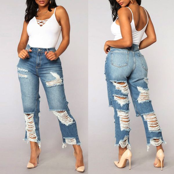 

new women high waisted skinny hole denim jeans fashion stretch slim pants calf length jeans 2018, Blue