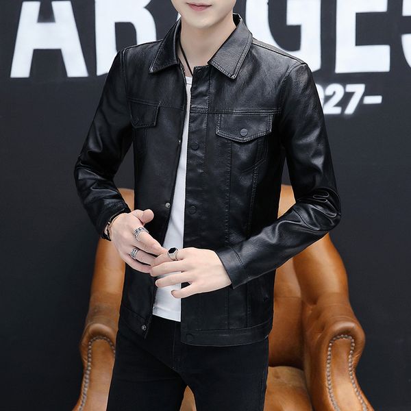 

autumn men leisure leather men's new youth pu leather jacket coat cultivate one's morality men's clothing, Black