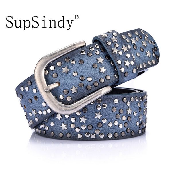 

supsindy woman belts star geometric rivet pin buckle pu belt for women european fashion faux leather strap for jeans, Black;brown