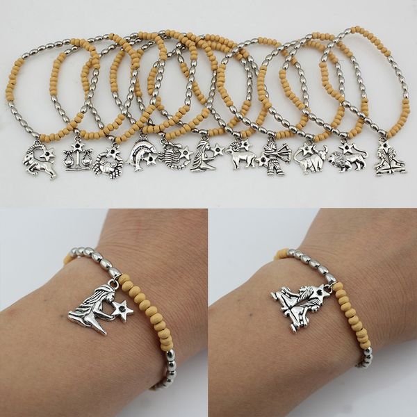 

bolize 2017 new women's fashion vintage silver 12 zodiac signs elastic beads bangle bracelet dy30 wholesale, Black