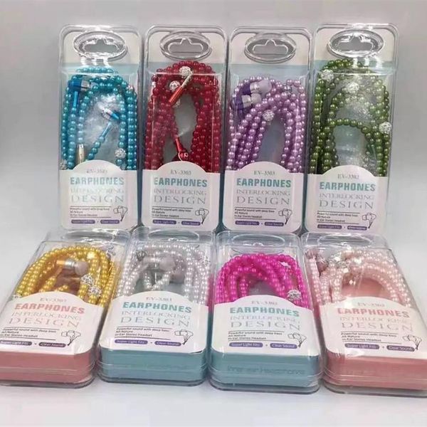 

Luxury Bling Diamond earphone Pearl Necklace In-Ear Earphone Stereo With Mic For iphone 6 6s samsung Microphone
