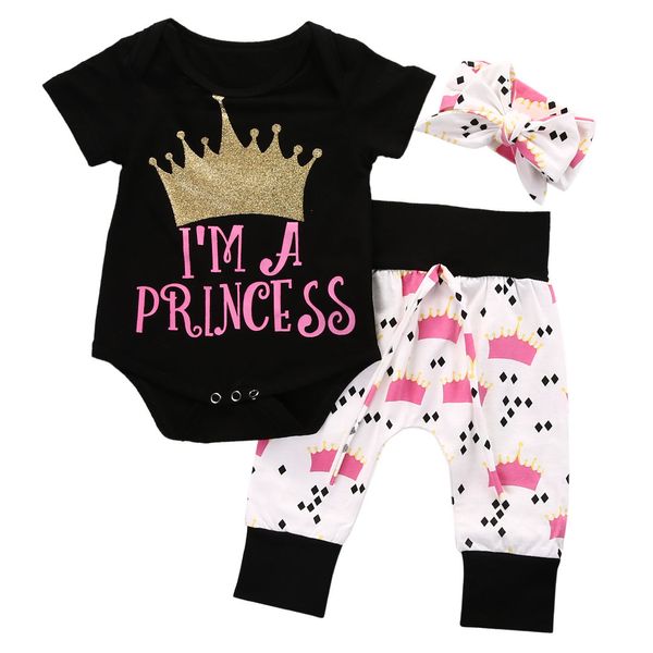 

0-18m little princess newborn baby girl short sleeve crown romper+long pant trouser headband 3pcs outfits clothing set, White